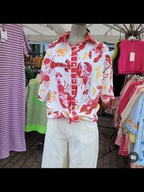 Boutique White Button-Down Shirt with Red & Yellow Lobster Print